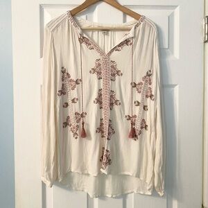 Lucky Brand Cream Blouse with Pink Embroidery